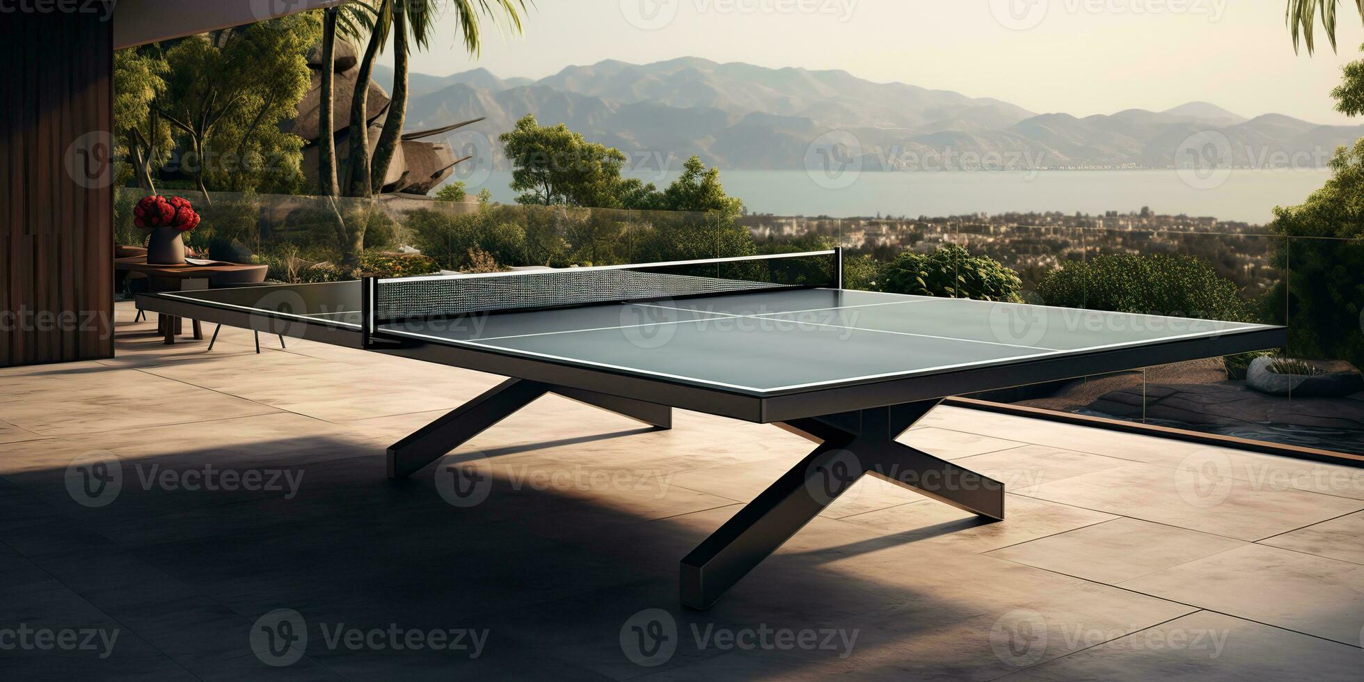 ai gerado. ai generativo. ao ar livre natureza mesa tênis ping pong jogos esporte às sol. gráfico arte foto