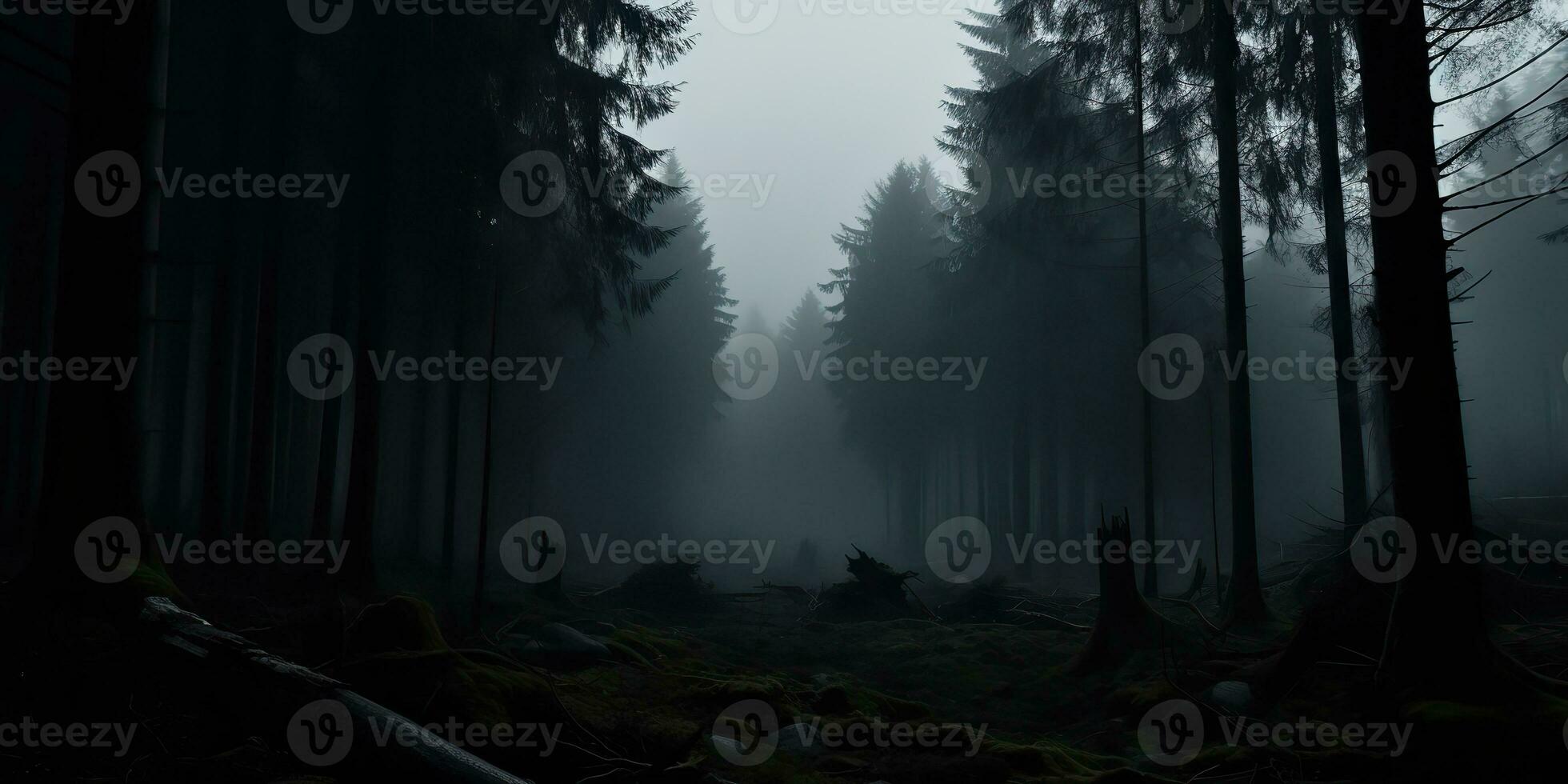 ai gerado. ai generativo. névoa Magia névoa noite Sombrio floresta árvore selva panorama fundo. assustador natureza ao ar livre aventura explorar viagem vibração estilo. gráfico arte foto