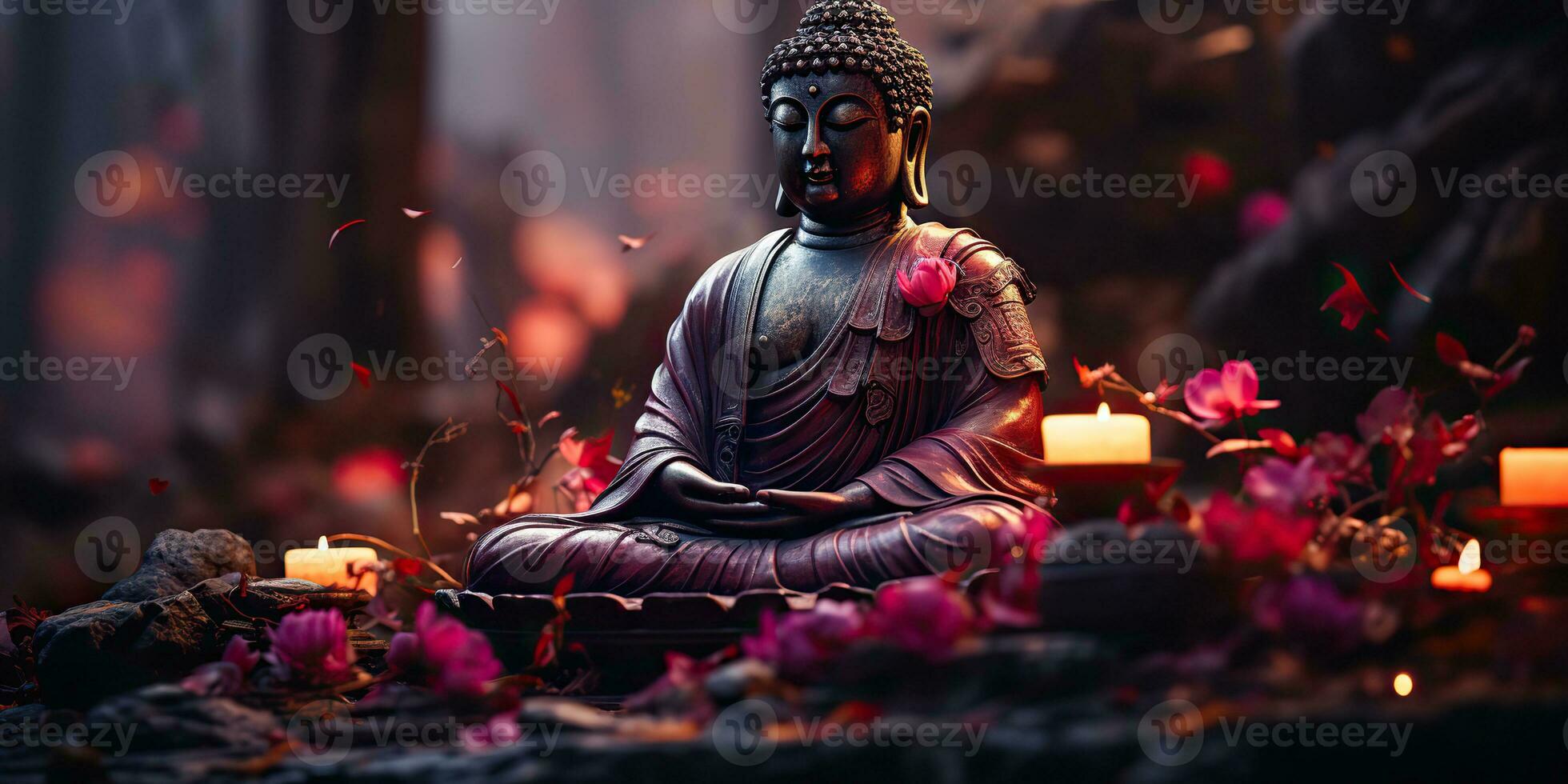 ai gerado. ai generativo. cultura história ásia indiano religião Buda estátua figura com natureza Rosa plantas fundo. calma relaxar amor Paz interior vibe. gráfico arte foto