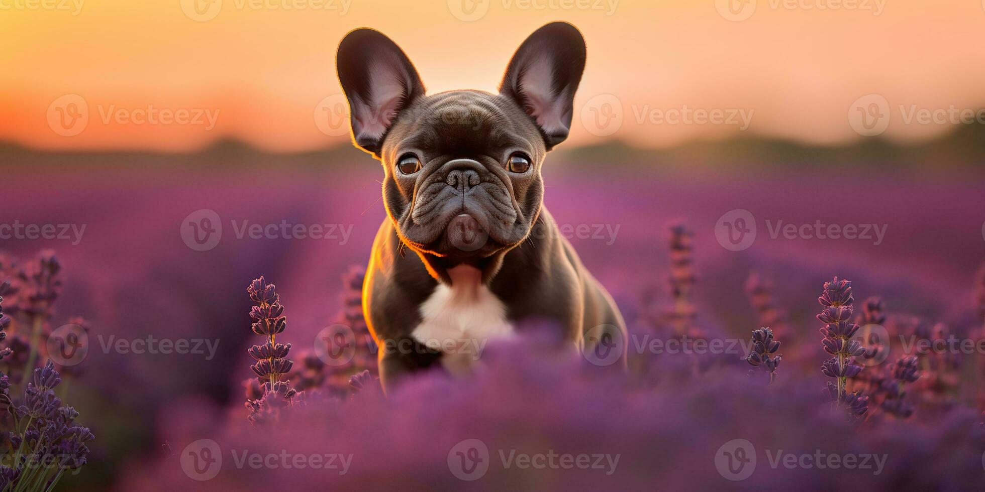 ai gerado. ai generativo. frenchie francês buldogue cachorro fofa face retrato às lavanda campo campo ao ar livre natureza. gráfico arte foto