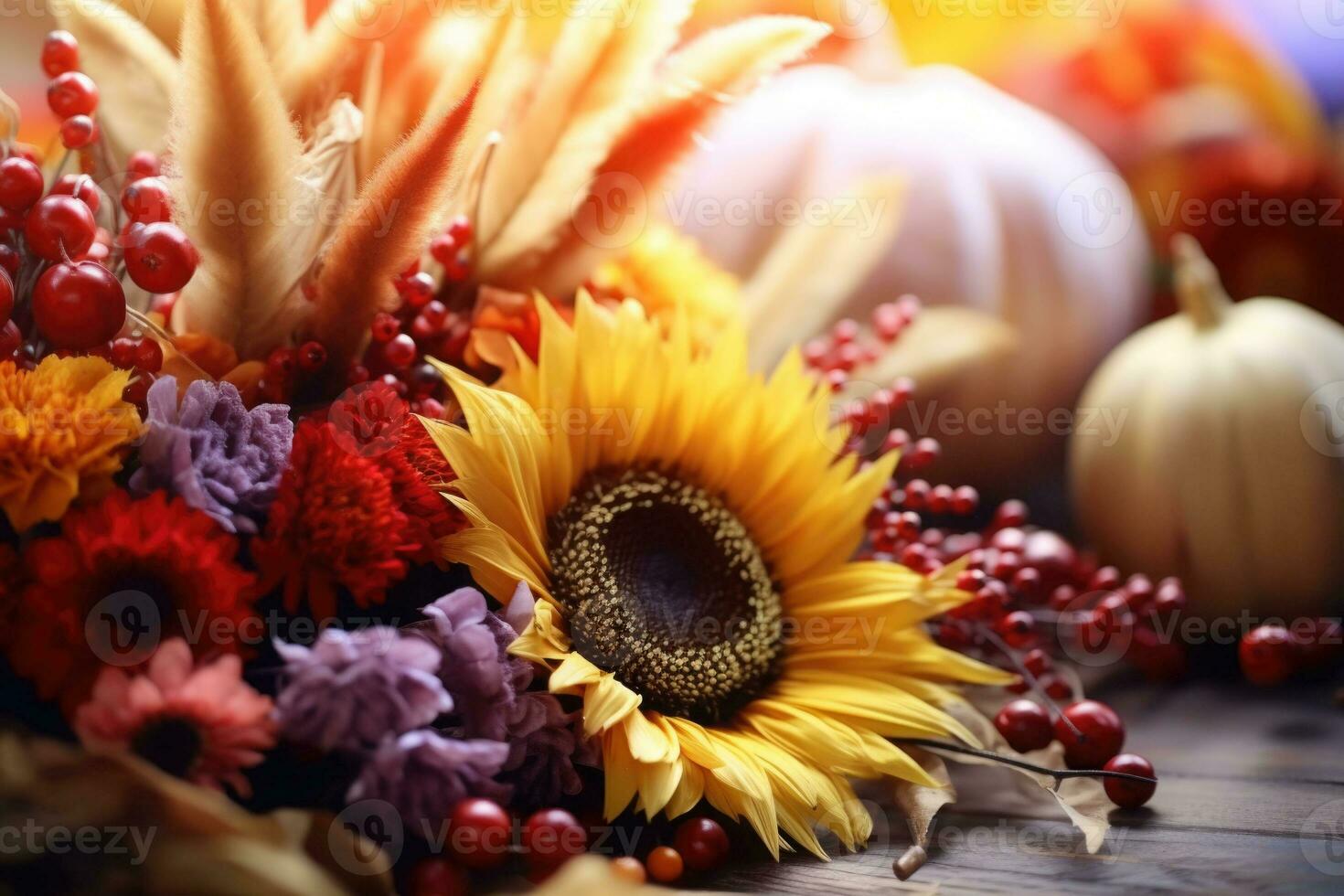 brilhante fundo com lindo Ação de graças decoração. abóboras com frutas, flores, legumes e folhas. ai gerado foto