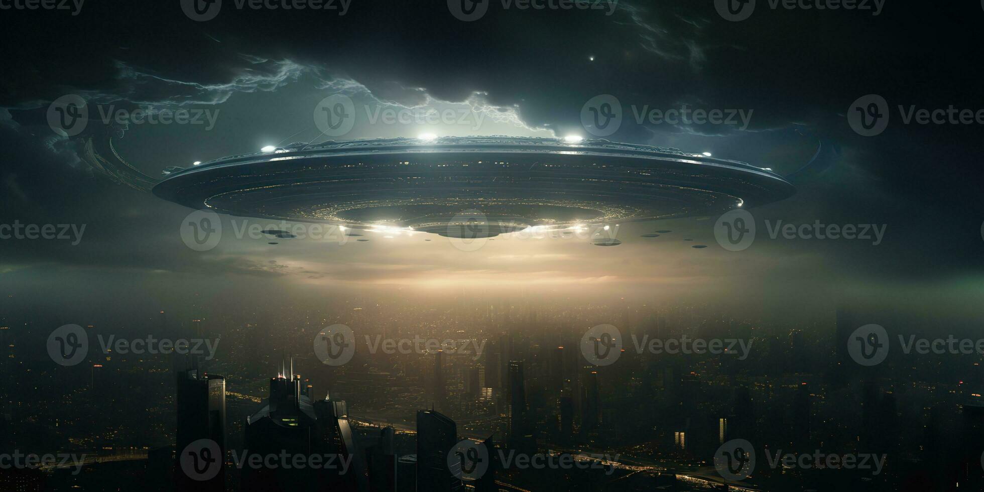 ai gerado. ai generativo. estrangeiro nave espacial nave mãe UFO galáxia invasão. Sombrio noite luz cidade Cidade panorama. futuro fantasia realidade. gráfico arte foto