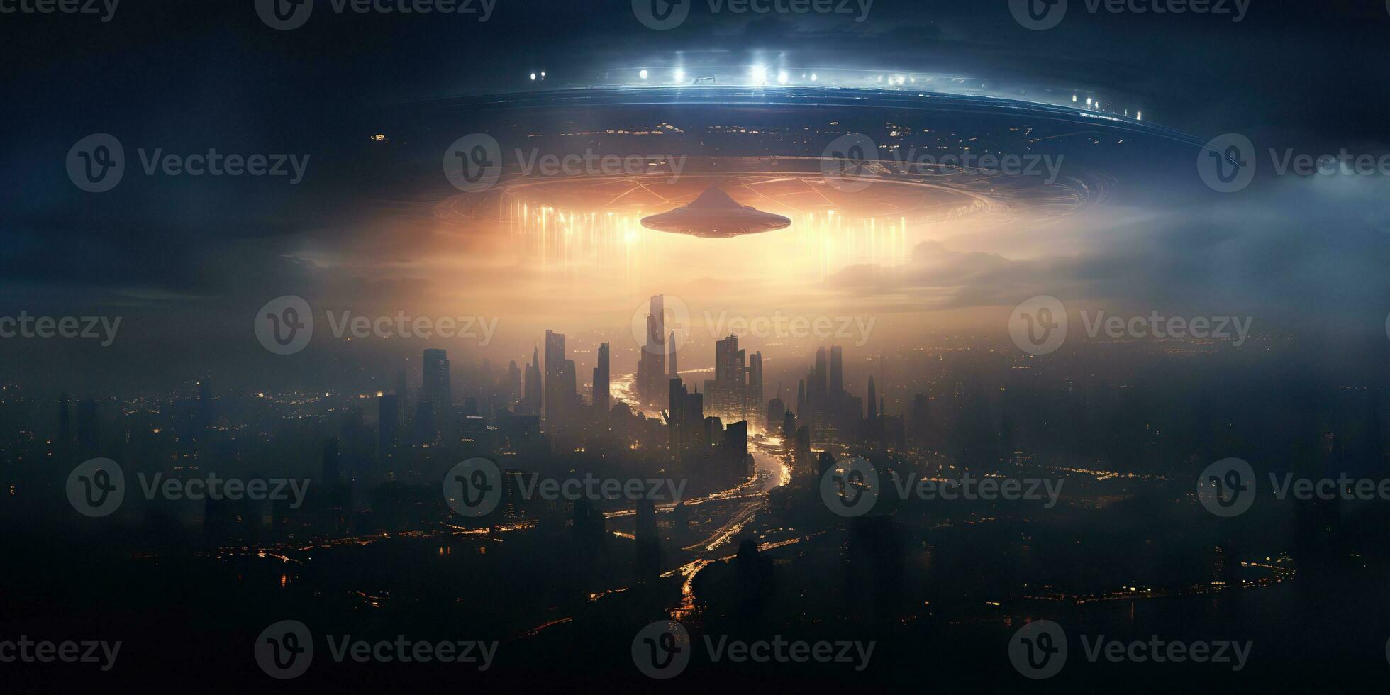 ai gerado. ai generativo. estrangeiro nave espacial nave mãe UFO galáxia invasão. Sombrio noite luz cidade Cidade panorama. futuro fantasia realidade. gráfico arte foto