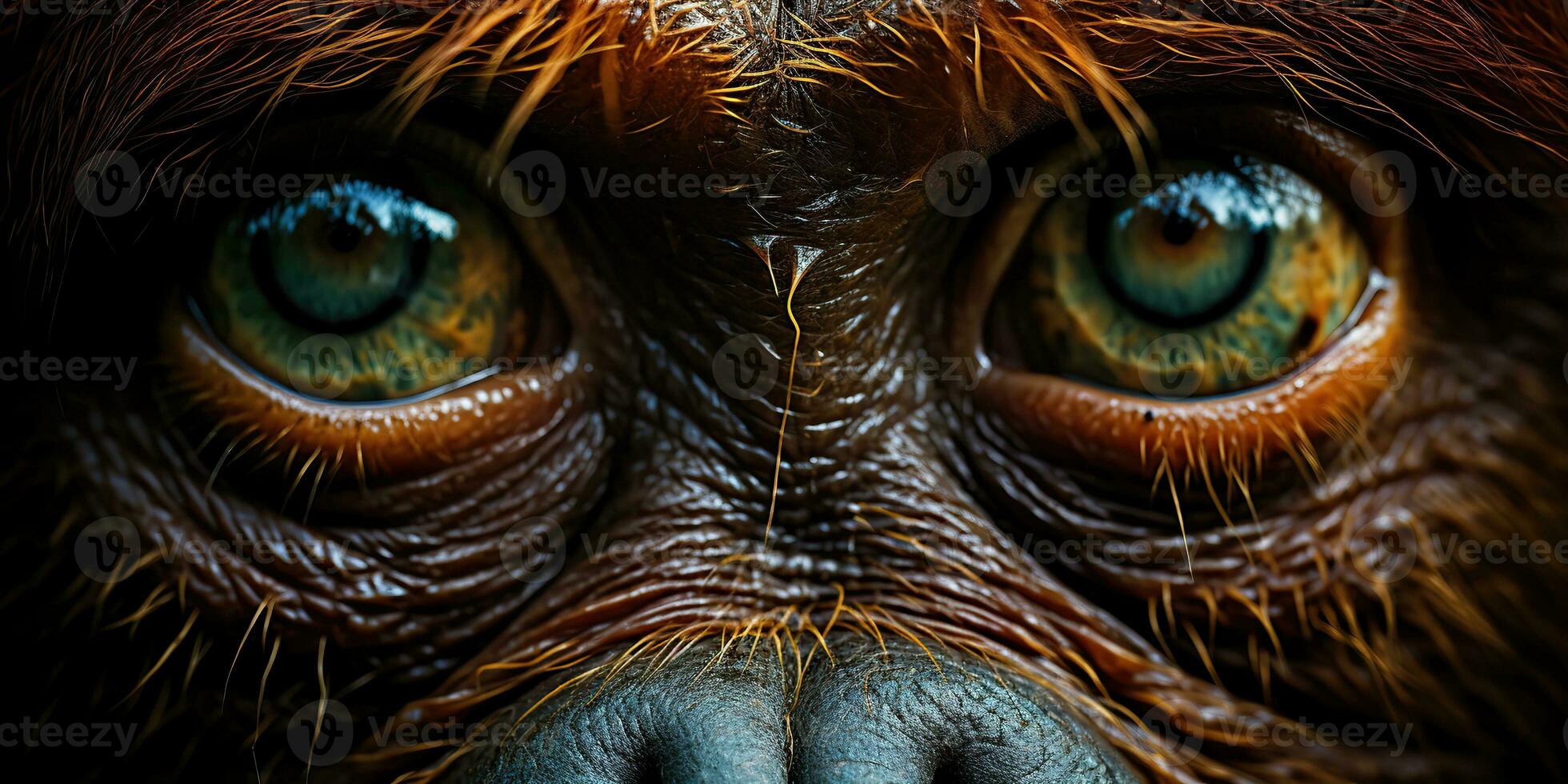 ai gerado. ai generativo. orangotango macaco face portrain olhos assistindo em você. mamífero animal fundo visualizar. gráfico arte foto