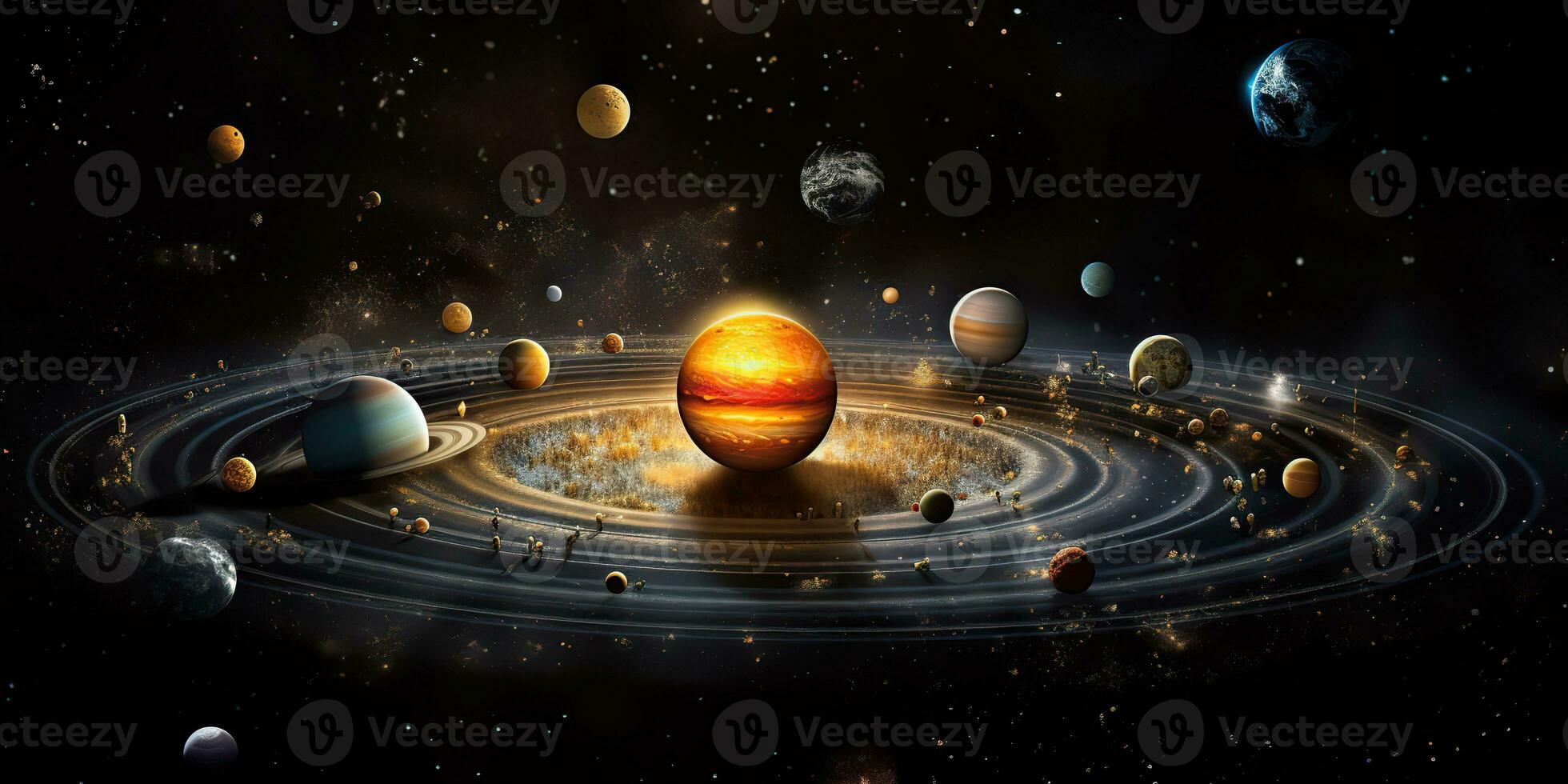 ai gerado. ai generativo. solar sistema universo galáxia espaço planetas poster fundo decoração. gráfico arte foto