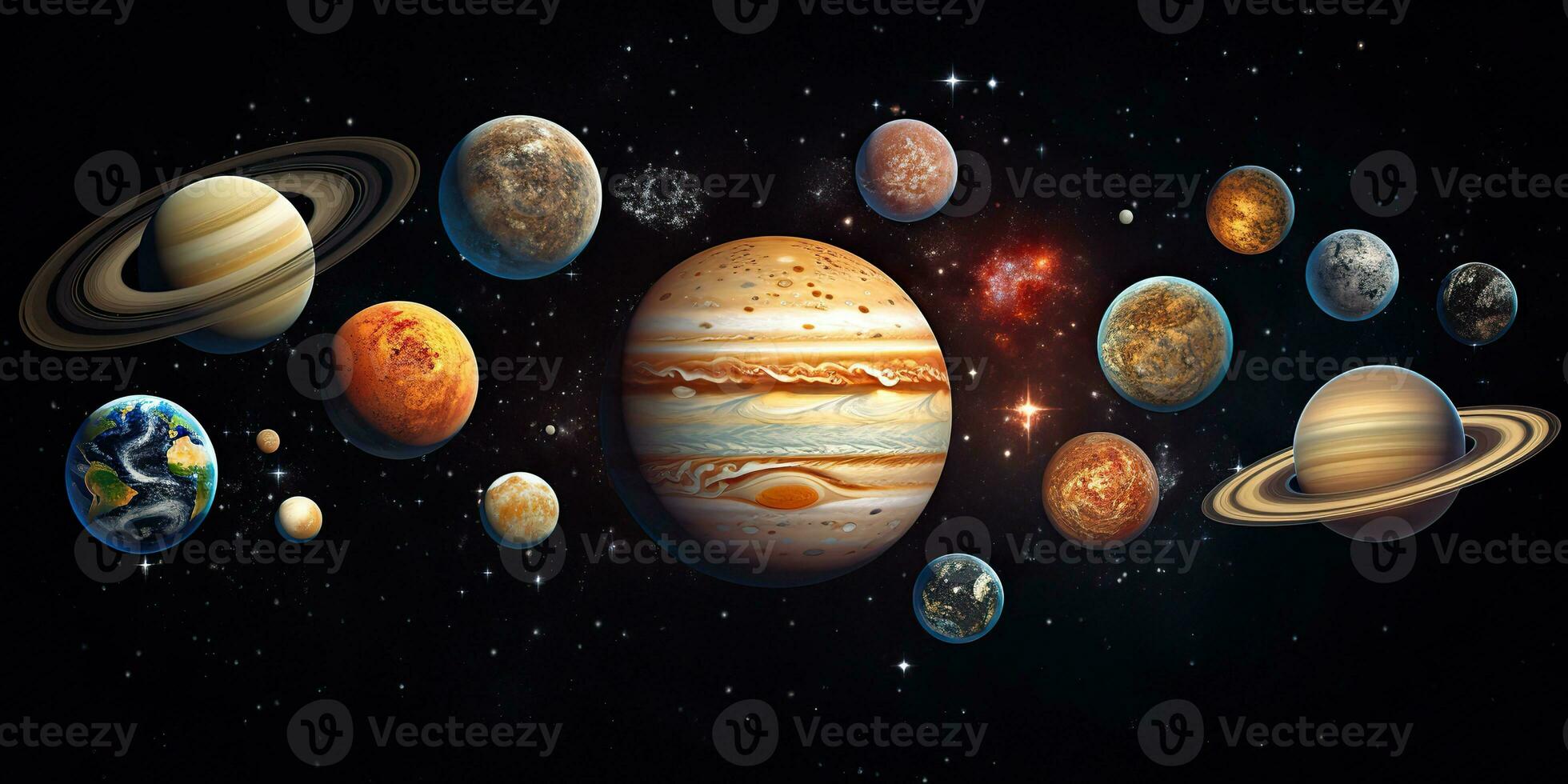 ai gerado. ai generativo. solar sistema universo galáxia espaço planetas poster fundo decoração. gráfico arte foto