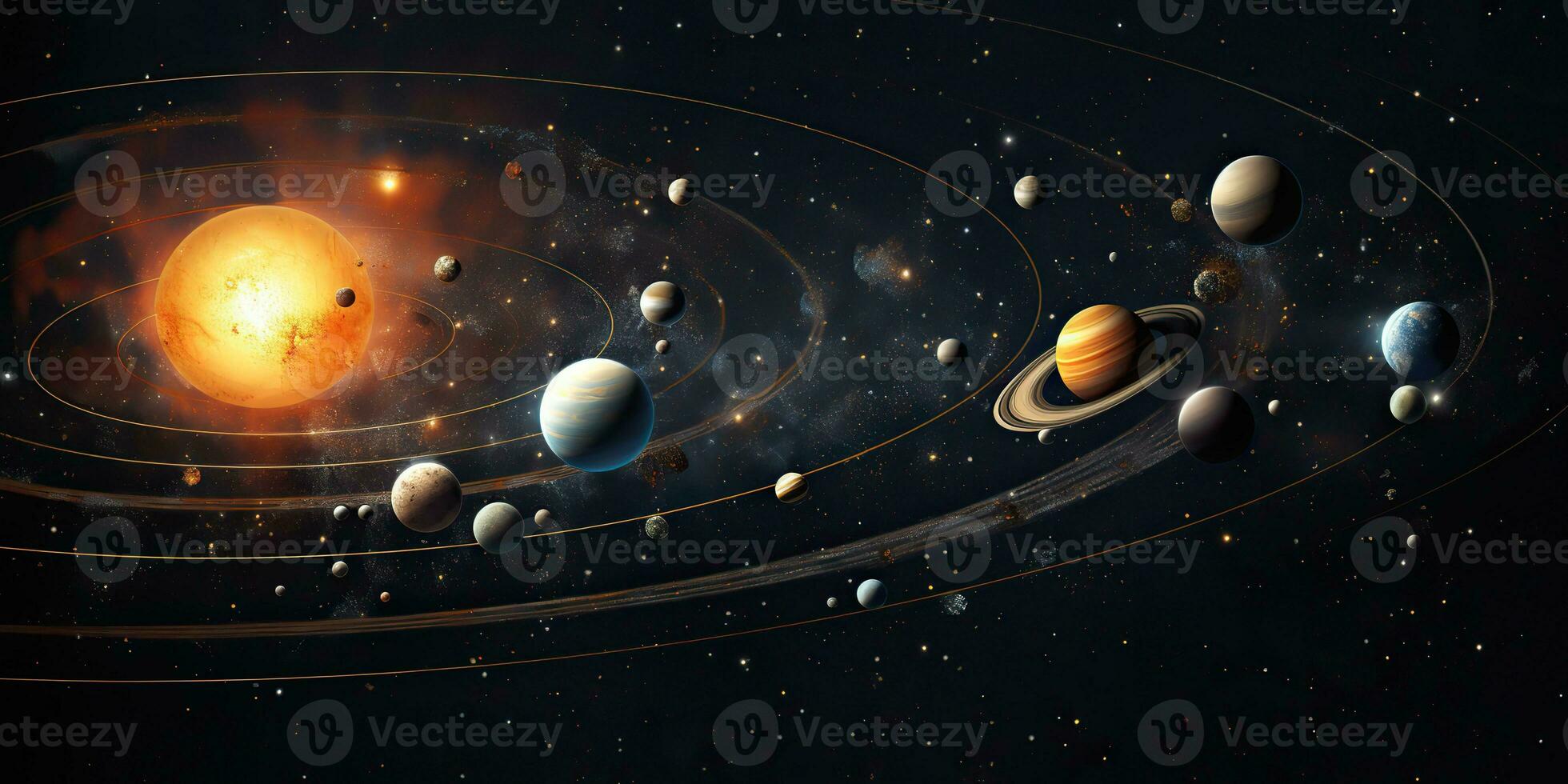 ai gerado. ai generativo. solar sistema universo galáxia espaço planetas poster fundo decoração. gráfico arte foto