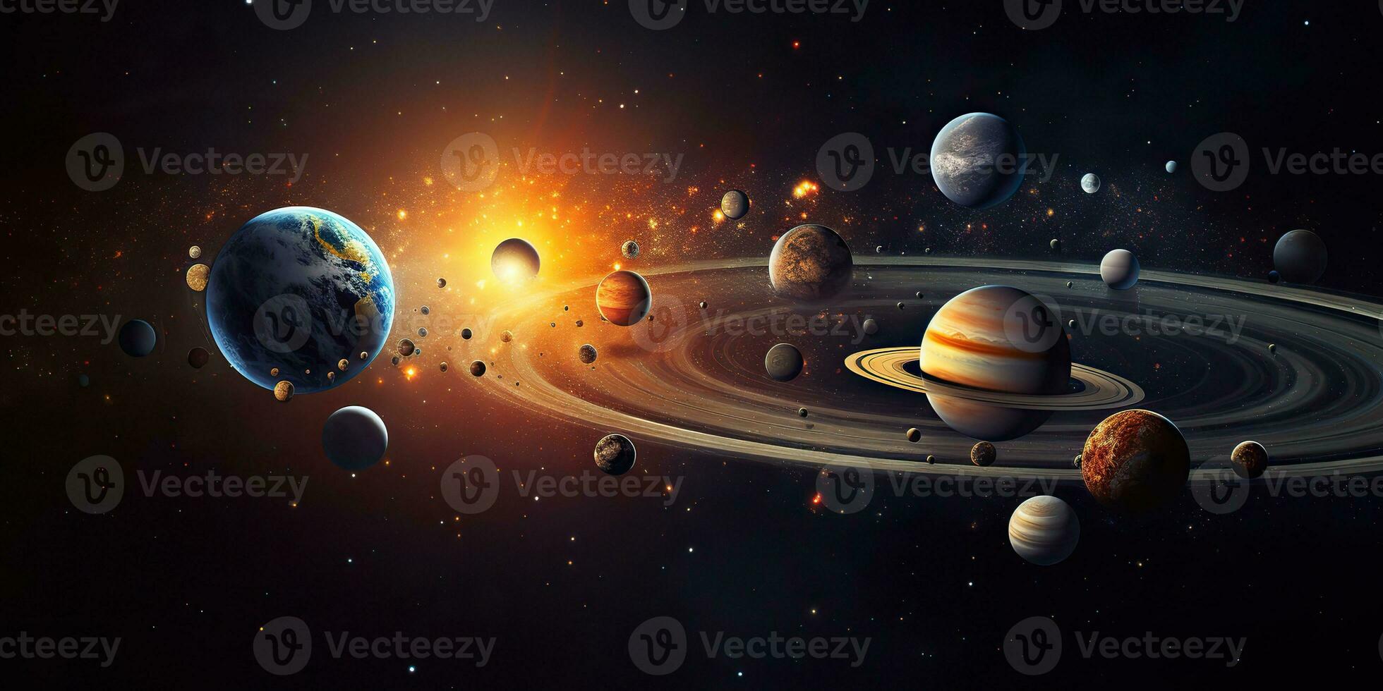 ai gerado. ai generativo. solar sistema universo galáxia espaço planetas poster fundo decoração. gráfico arte foto