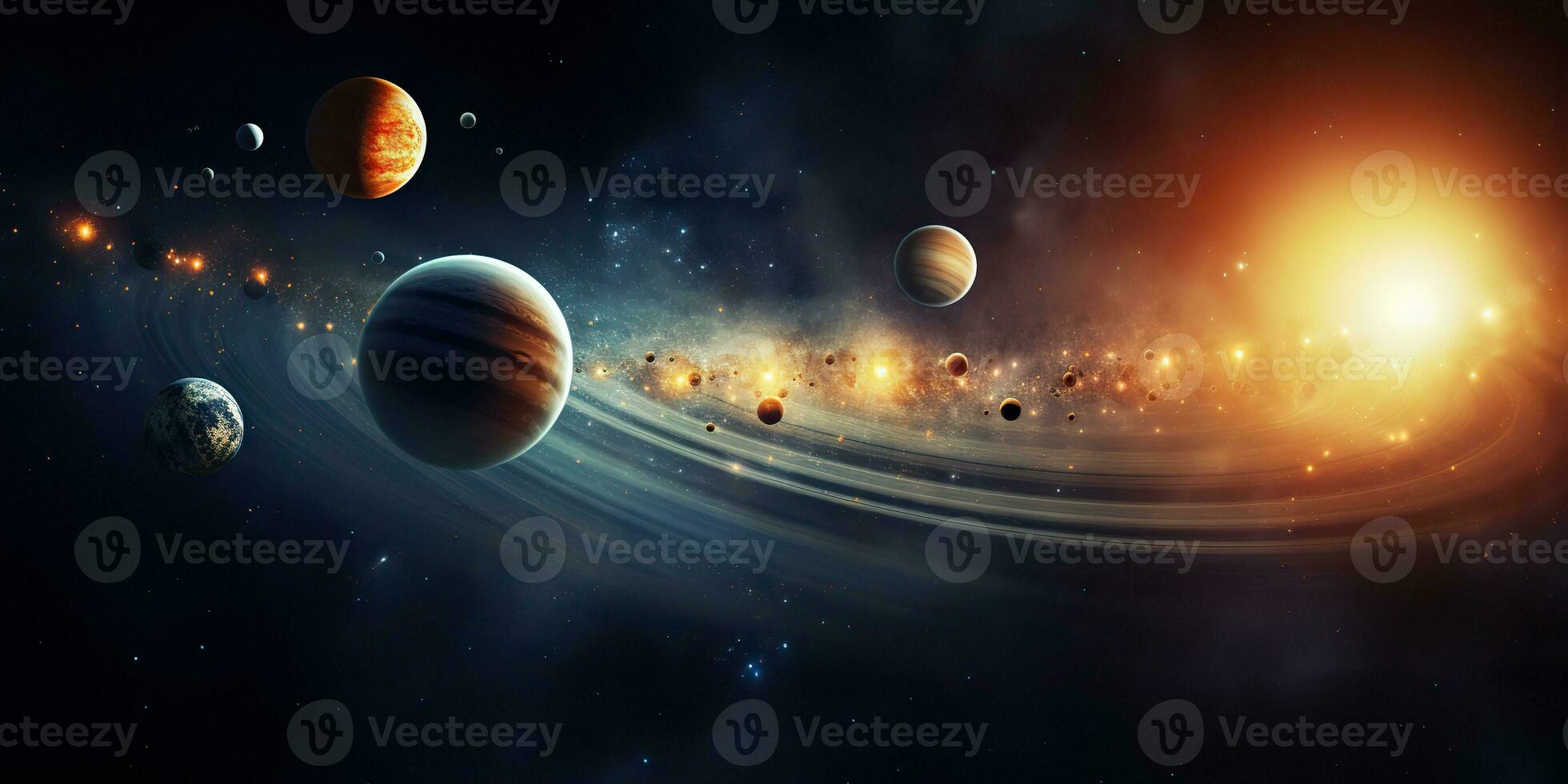 ai gerado. ai generativo. solar sistema universo galáxia espaço planetas poster fundo decoração. gráfico arte foto