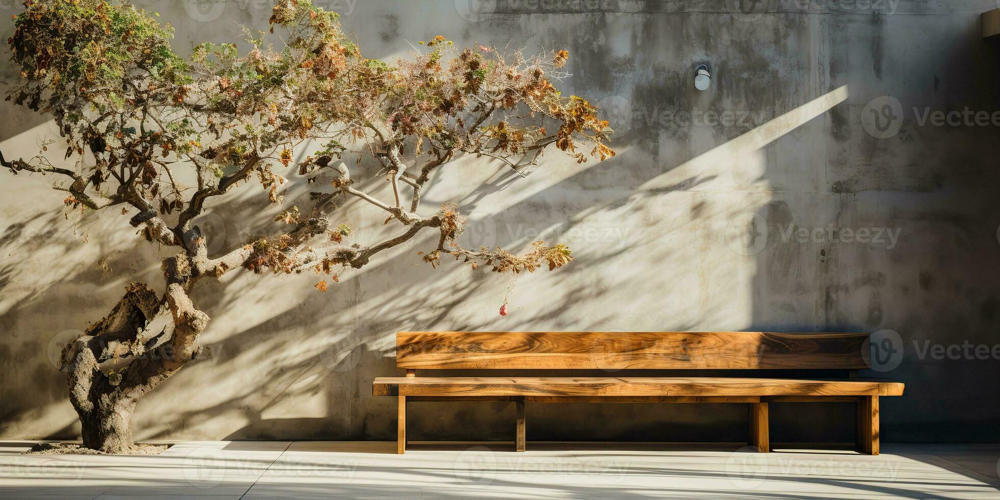 ai gerado. ai generativo. urbano cidade jardim parque com concreto pedra parede e de madeira Banco e árvore. natureza ao ar livre relaxante mínimo tempo. gráfico foto