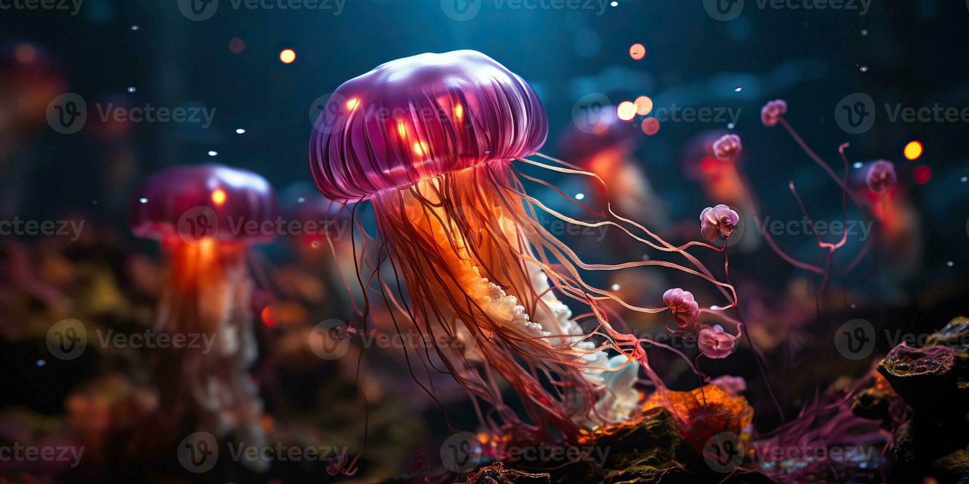 ai gerado. ai generativo. vermelho medusa embaixo da agua animais selvagens mar oceano aquário vida. gráfico arte foto