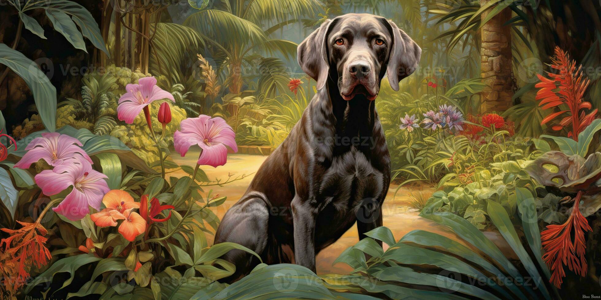 ai gerado. ai generativo. alemão curto cabelo ponteiro cachorro caçador às tropical flores plantas jardim fundo. natureza ao ar livre selvagem panorama. gráfico arte foto