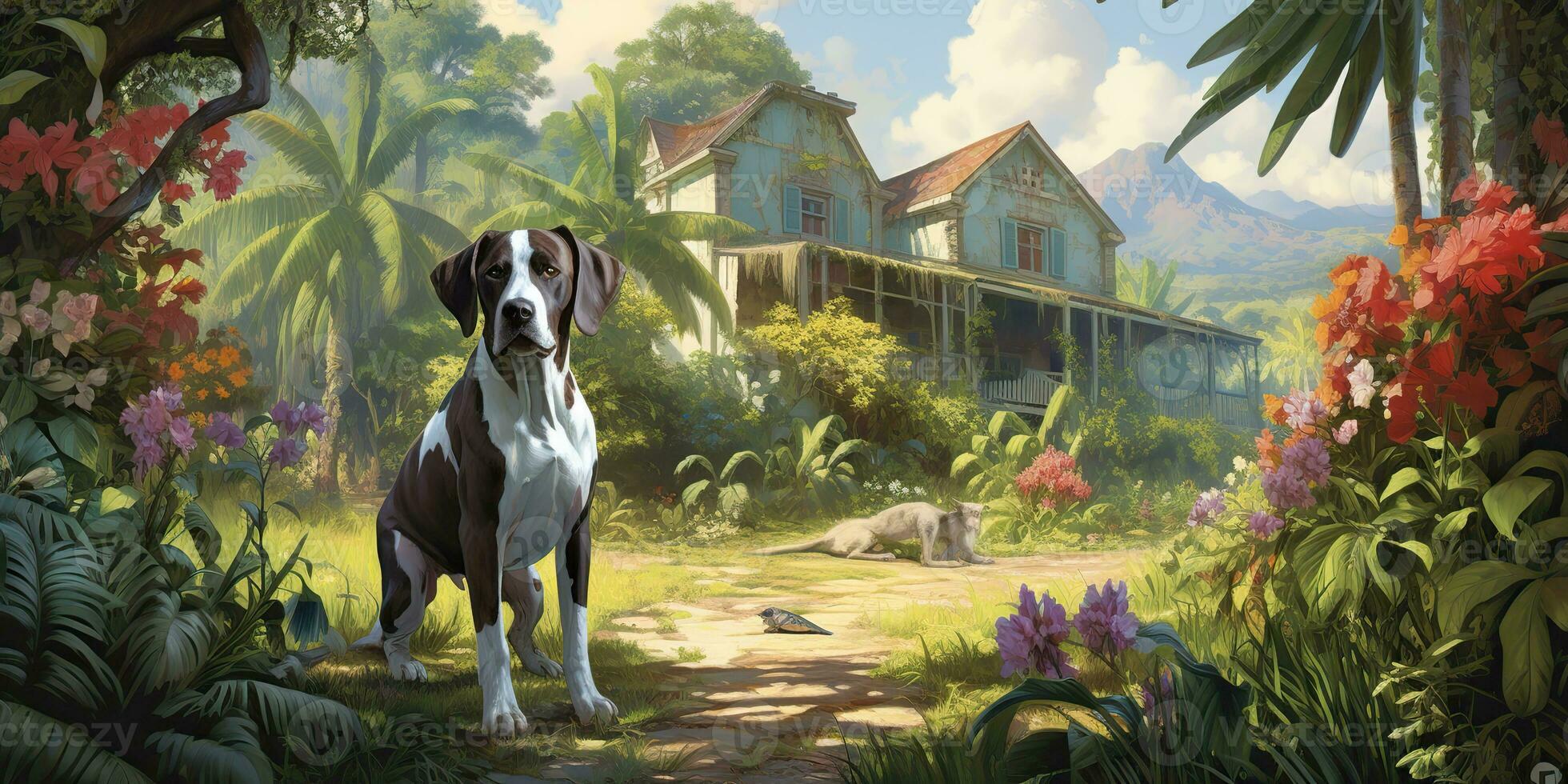 ai gerado. ai generativo. alemão curto cabelo ponteiro cachorro caçador às tropical flores plantas jardim fundo. natureza ao ar livre selvagem panorama. gráfico arte foto