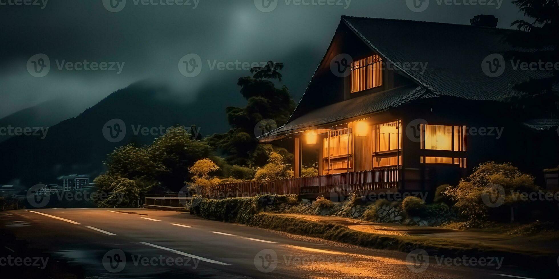 ai gerado. ai generativo. Sombrio quase luxo casa fechar para a estrada. campo Fazenda ao ar livre natureza assustador vibe. gráfico arte foto