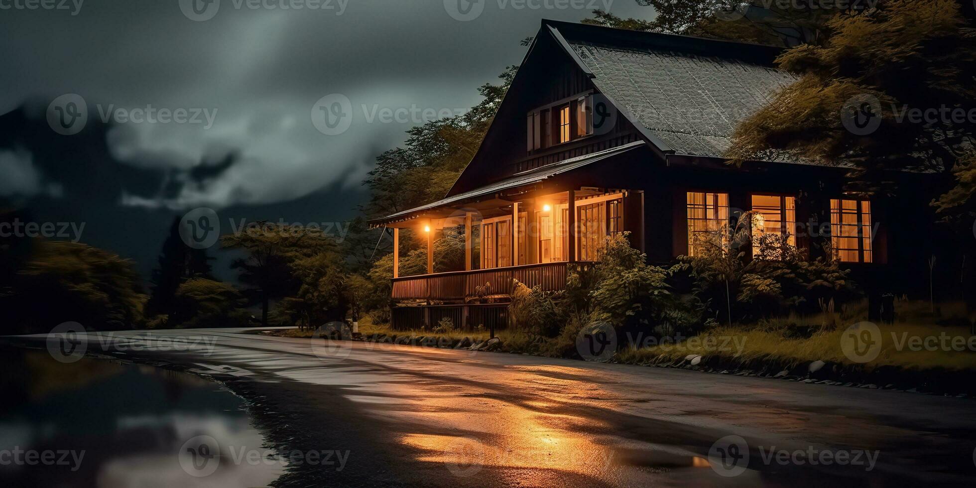 ai gerado. ai generativo. Sombrio quase luxo casa fechar para a estrada. campo Fazenda ao ar livre natureza assustador vibe. gráfico arte foto