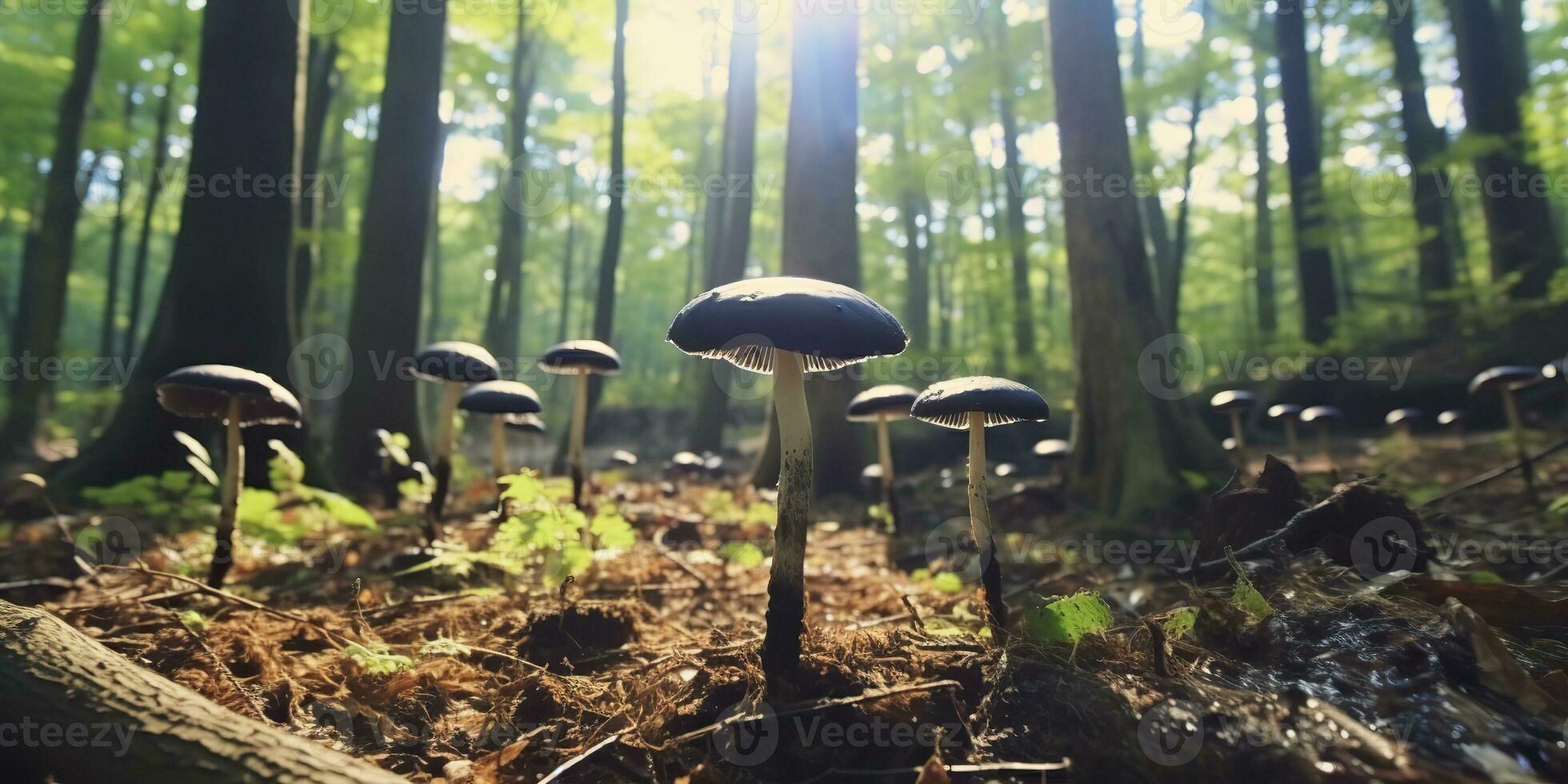 ai gerado. ai generativo. ao ar livre natureza selvagem panorama floresta explorar viagem aventuras com cogumelos encontrar em chão. gráfico arte foto