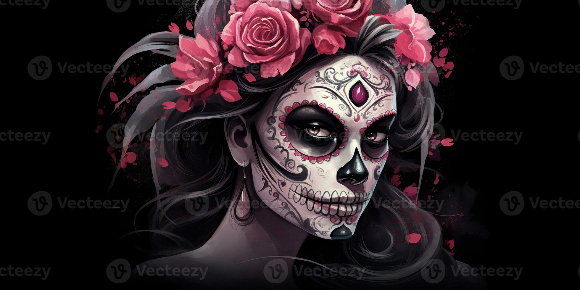 ai gerado. ai generativo. muertos mexicano latim dia do a morto feriado carnaval mulher faço acima açúcar crânio face. gráfico arte foto