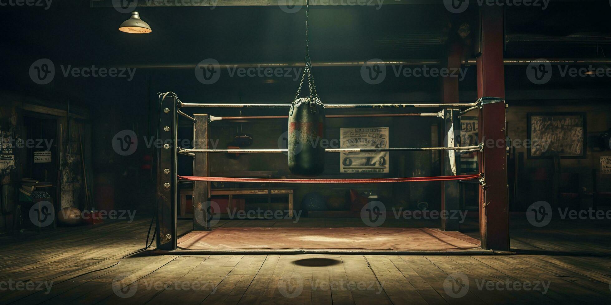 ai gerado. ai generativo. Sombrio vintage retro velho Academia boxe saco ginástica esporte marcial artes quarto interior. gráfico arte foto