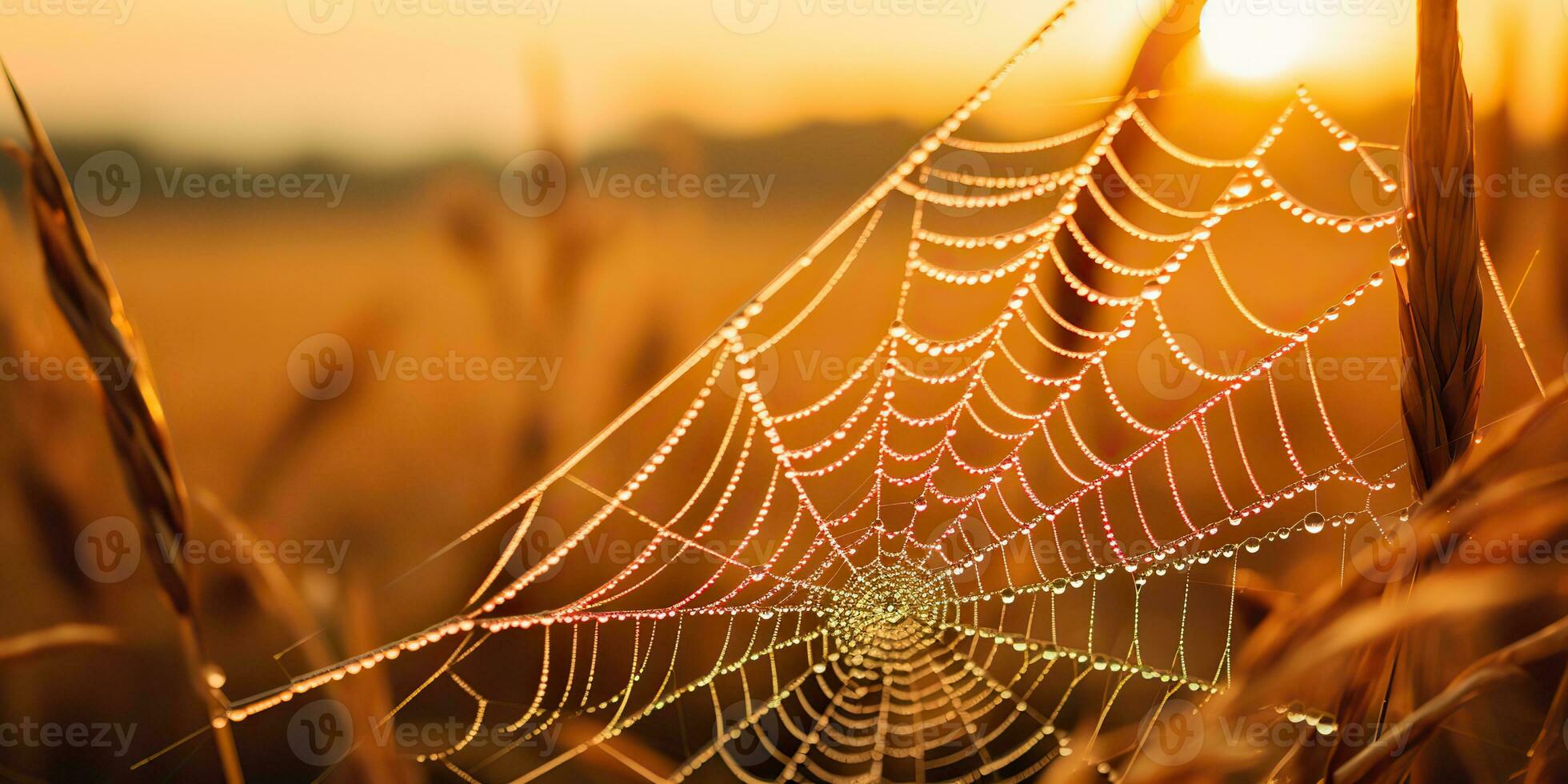 ai gerado. ai generativo. brilho do sol teia de aranha aranha rede às campo Prado feno grama. natureza ao ar livre animais selvagens. gráfico arte foto