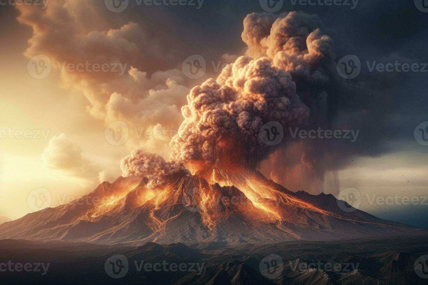 maciço vulcão erupção. uma ampla vulcão em erupção lava e gases para dentro a atmosfera. generativo ai foto