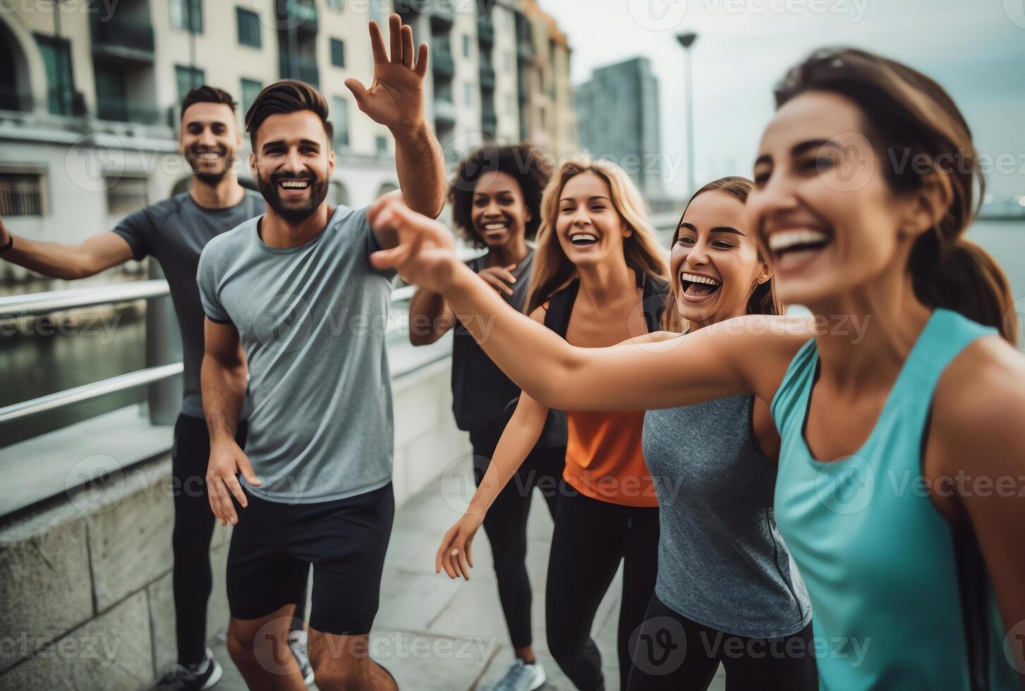 ai generativo horizontal foto jovem rindo pessoas vestindo roupa ativa meninas rapazes em pé dentro linha perto parede rindo brincadeira falando em repouso depois de exercite-se saudável estilo de vida conceito bandeira para nós