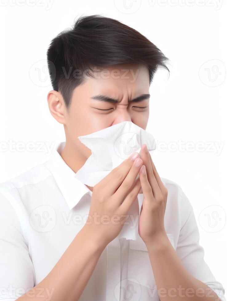 ai generativo eu vou jovem homem espirros dentro lenço sopro limpando corrida nariz doente alérgico cara apanhado frio obteve gripe gripe feno febre tosse tendo sazonal alergia sintomas respiratório c foto