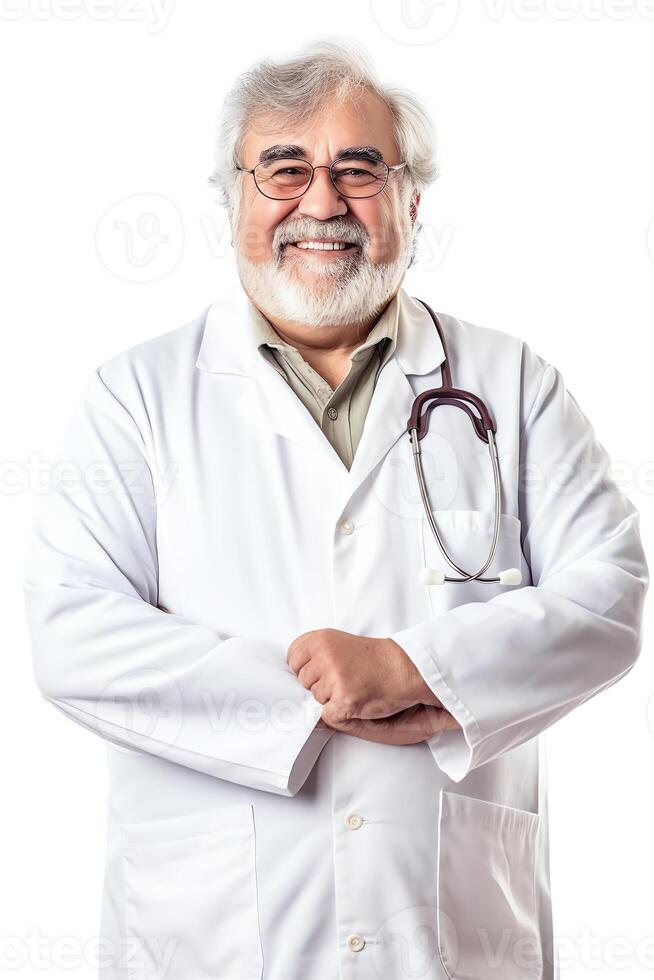 ai generativo sorridente profissional Mais velho homem médico desgasta branco casaco óculos e estetoscópio olhando às Câmera feliz barbudo Senior médico ou terapeuta com dental sorrir posando para fechar acima cabeça sh foto