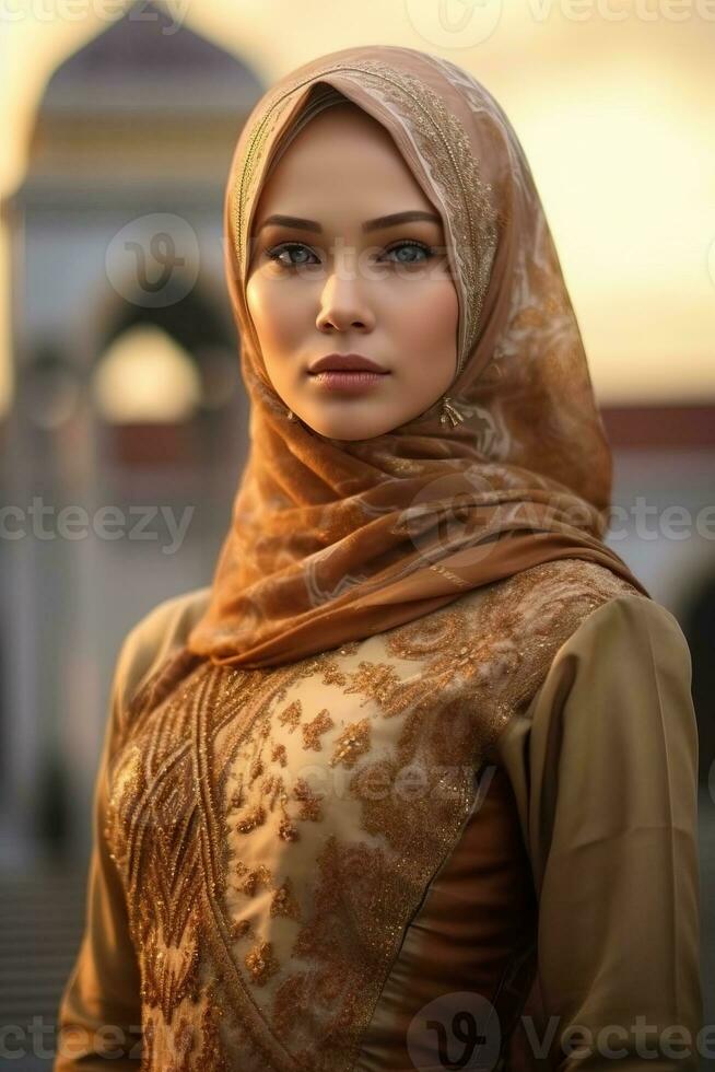 retrato lindo mulher vestindo hijab com luz exposição fez com generativo ai foto