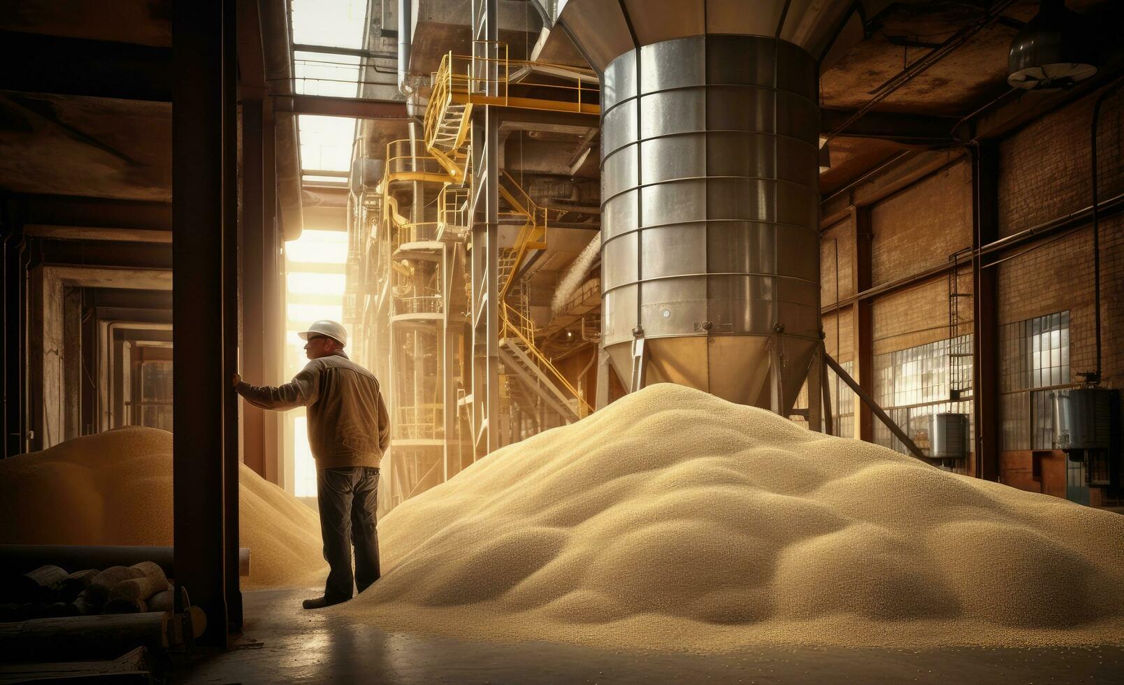 fechar-se mãos trabalhador detém grão para Produção do branco farinha dentro automatizado moderno moinho para pão. criada com generativo ai tecnologia. foto