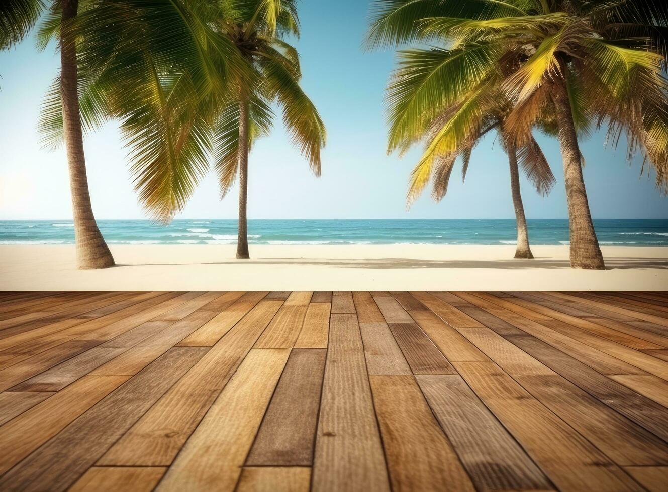 esvaziar de madeira mesa e Palma folhas com festa em de praia borrado fundo dentro verão tempo. criada com generativo ai tecnologia. foto