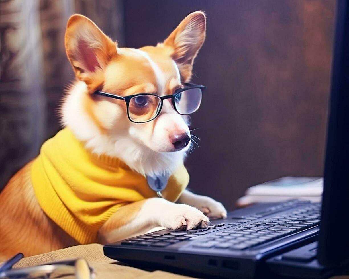 fofa corgi cachorro olhando às computador portátil dentro óculos em amarelo fundo. criada com generativo ai tecnologia. foto