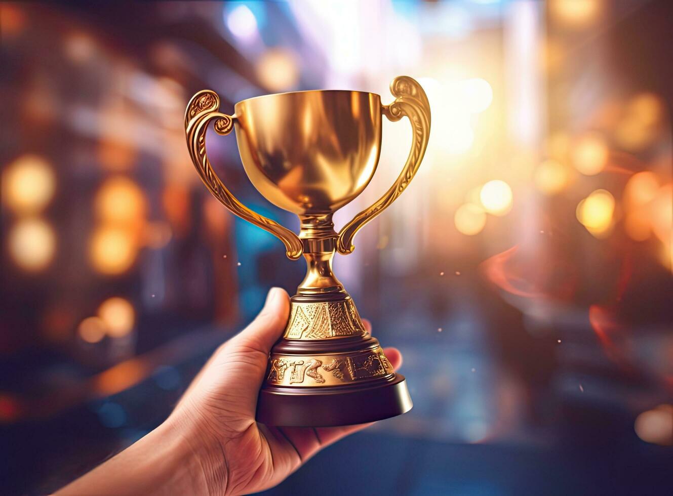 fechar-se humano mão segurando dourado troféu sobre. criada com generativo ai tecnologia. foto