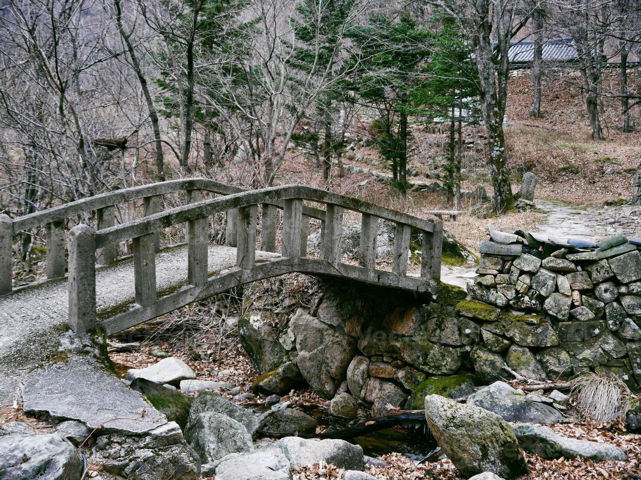 velha ponte sob um riacho na floresta do Parque Nacional de seoraksan. Coreia do Sul foto