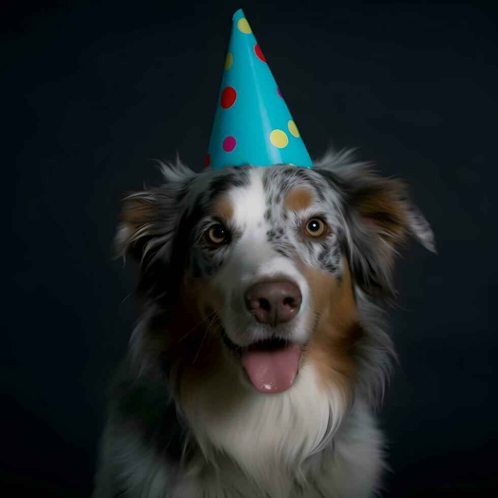 retrato do australiano pastor cachorro com aniversário chapéu em Preto fundo foto