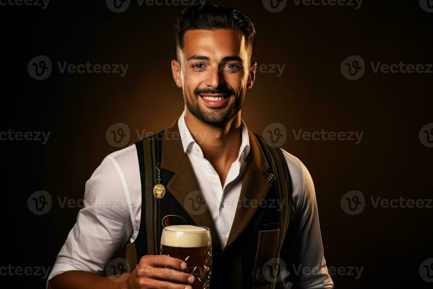 jovem mulher dentro tradicional alemão roupas com Cerveja em sólido vermelho fundo foto