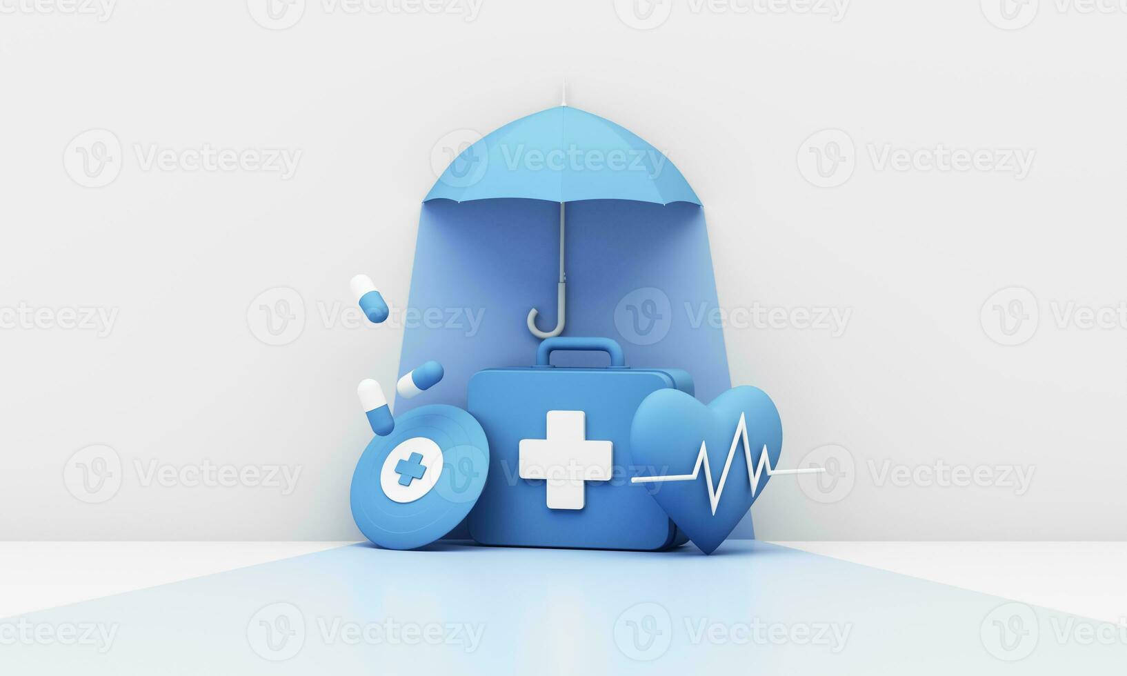 imagem projeto, 3d Renderização, fundo para conceitos usava dentro seguro, saúde e médico anúncios. dentro azul tons consistindo do uma médico caixa e a guarda-chuva foto