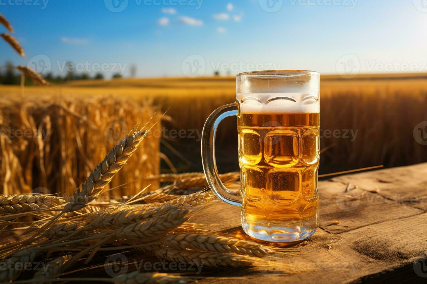 uma caneca do luz Cerveja em uma de madeira mesa dentro uma trigo campo. gerado ai foto