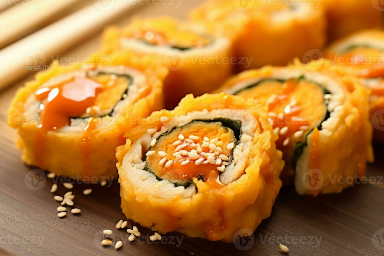 fechar-se topo Visão do ingredientes Sushi, japonês Comida. ai gerado. foto