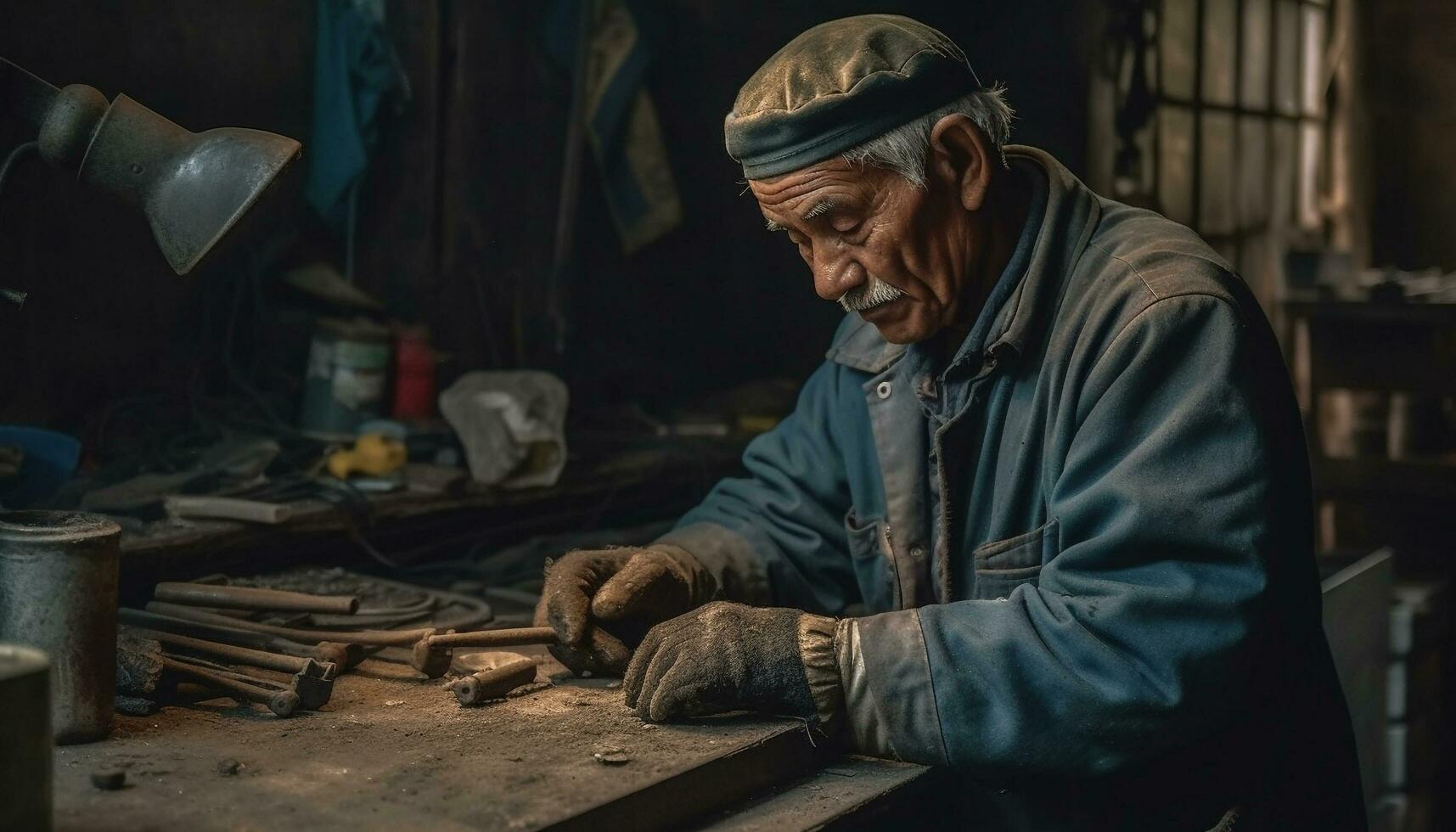 Senior carpinteiro habilmente reparos couro sapatos dentro de casa gerado de ai foto