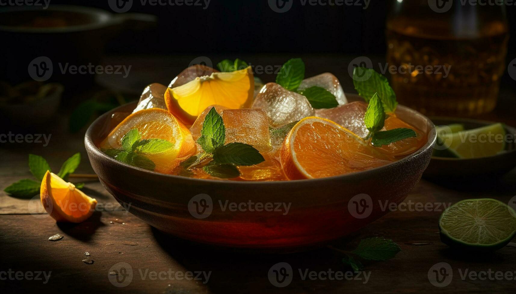 rústico mesa, orgânico Mojito, doce citrino refresco gerado de ai foto