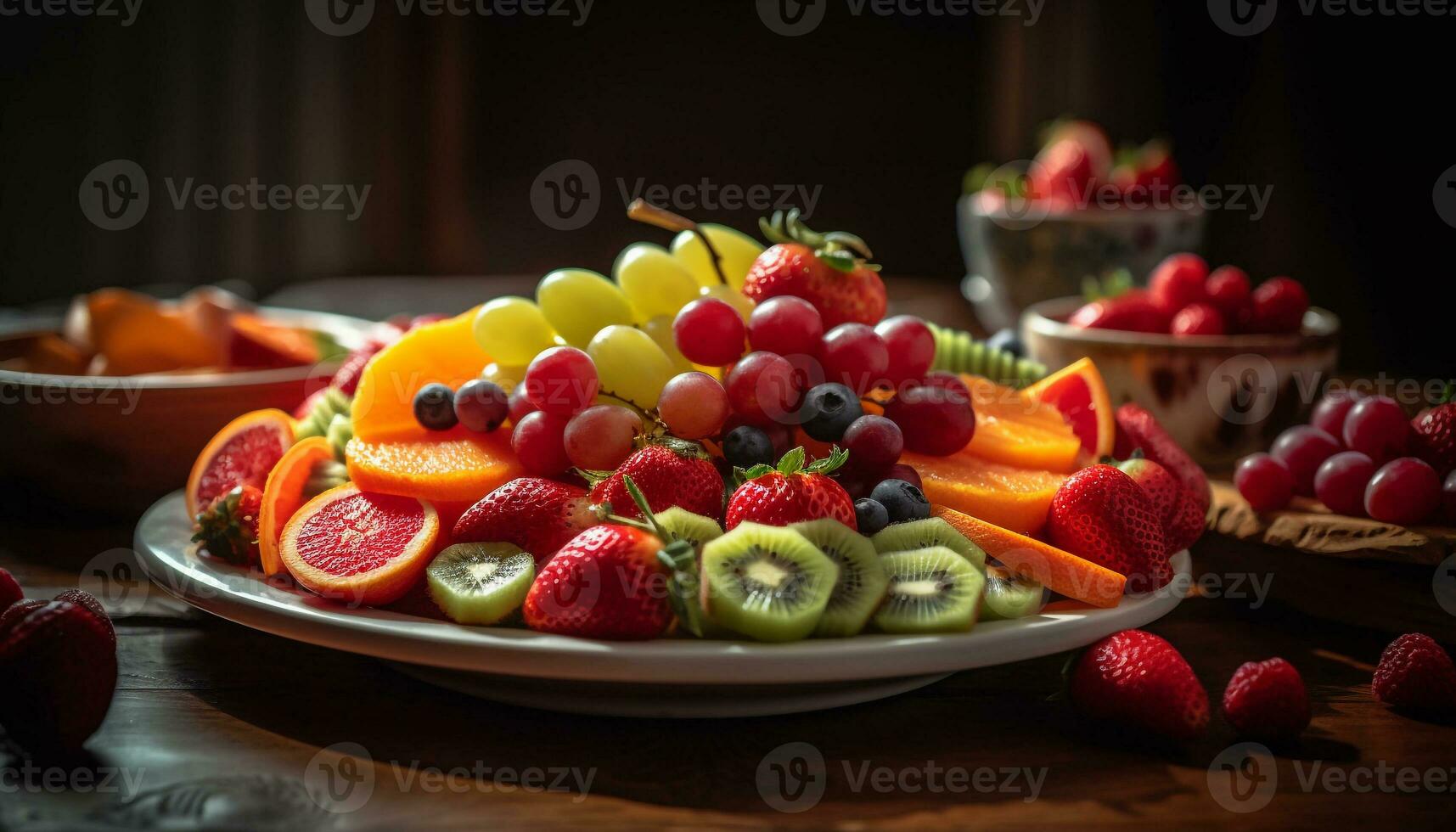 abundância do fresco fruta em de madeira mesa gerado de ai foto