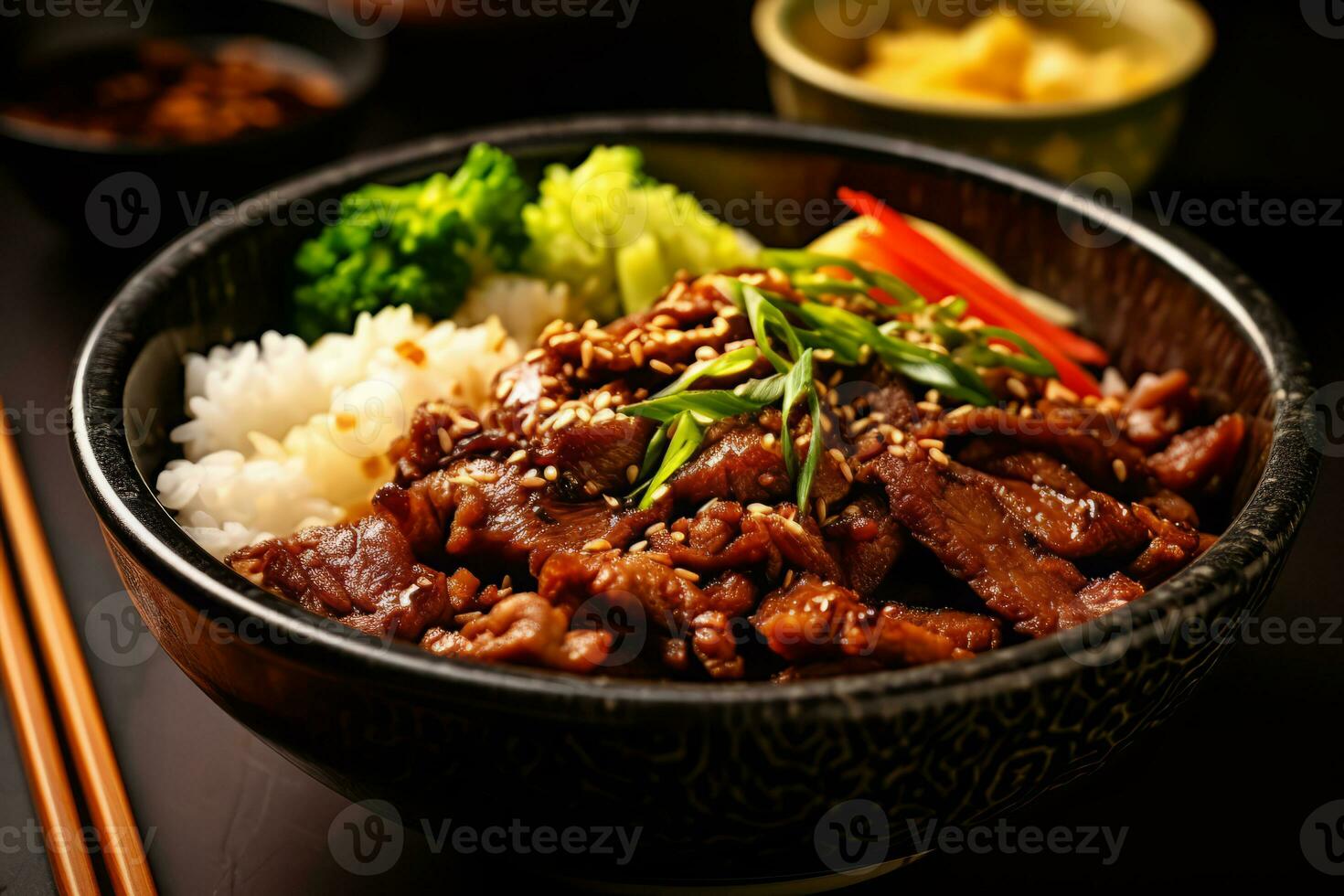 fechar-se topo Visão do ingredientes carne grelhado, carne de porco, frango e arroz, japonês Comida. ai gerado. foto