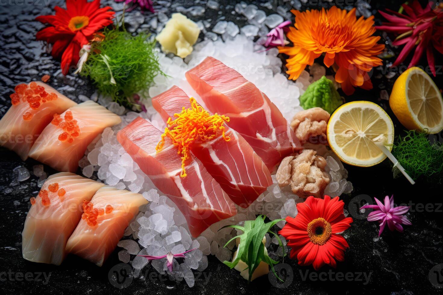 fechar-se topo Visão do ingredientes sashimi definir, salmão, atum, japonês Comida. ai gerado. foto