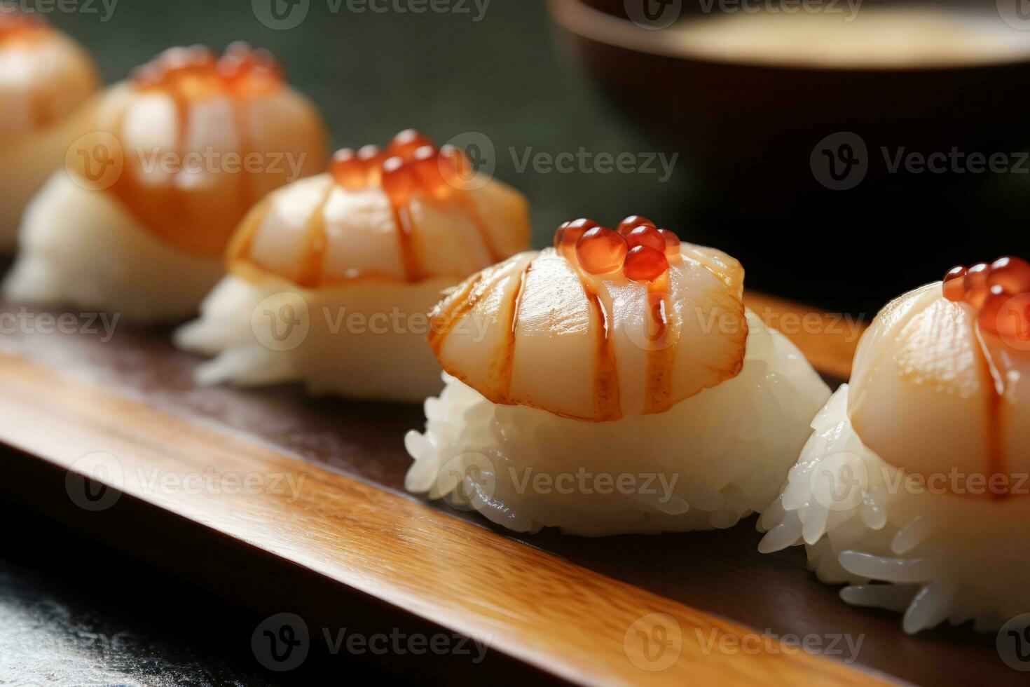 fechar-se topo Visão do ingredientes Vieira, japonês Comida. ai gerado. foto