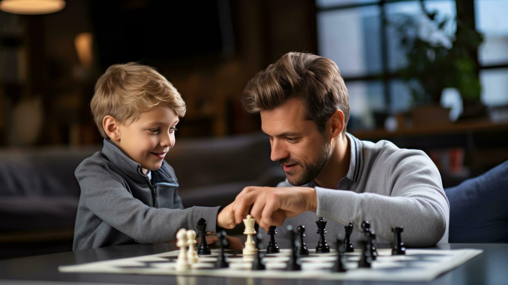Papai e criança jogando xadrez foto