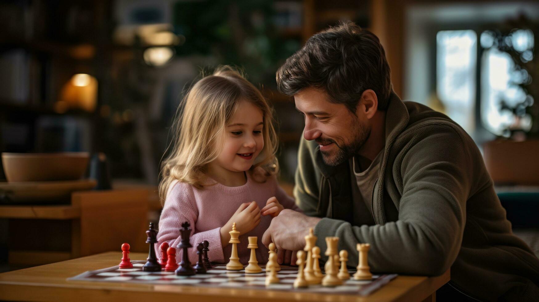 Papai e criança jogando xadrez foto