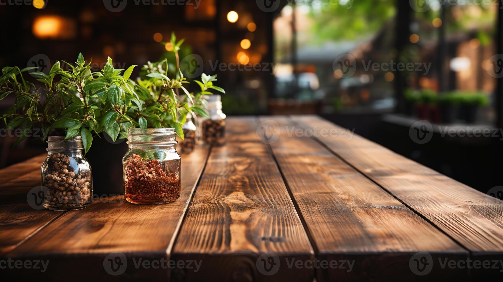 uma frente Visão do uma Sombrio rústico marrom, esvaziar de madeira mesa para produtos posicionamento com embaçado fundo, servindo Como uma em branco madeira mesa brincar, ai generativo foto