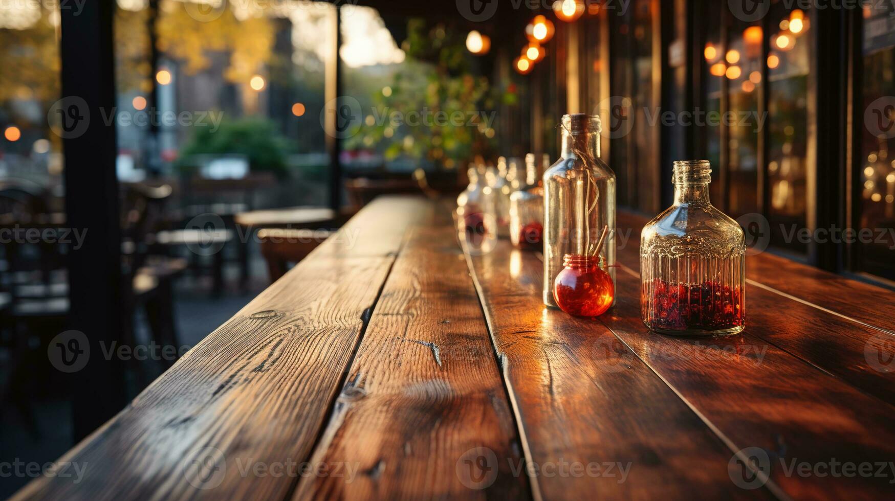 uma frente Visão do uma Sombrio rústico marrom, esvaziar de madeira mesa para produtos posicionamento com embaçado fundo, servindo Como uma em branco madeira mesa brincar, ai generativo foto