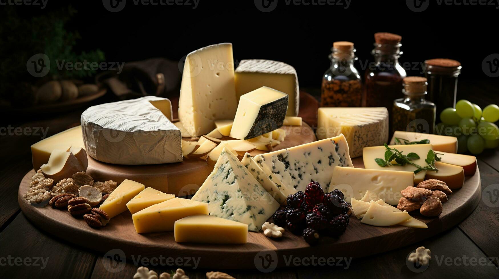 bagunçado fatias do queijo, cortar para dentro diferente formas em de madeira pratos, conjunto em uma cativante Preto fundo, uma culinária prazer, ai generativo foto