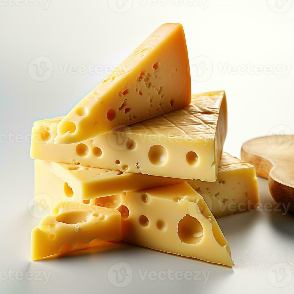 amarelo triangular queijo cheddar queijo peça - delicioso laticínios lanche em uma limpar \ limpo branco fundo, capturado dentro de dar água na boca Comida fotografia, ai generativo foto